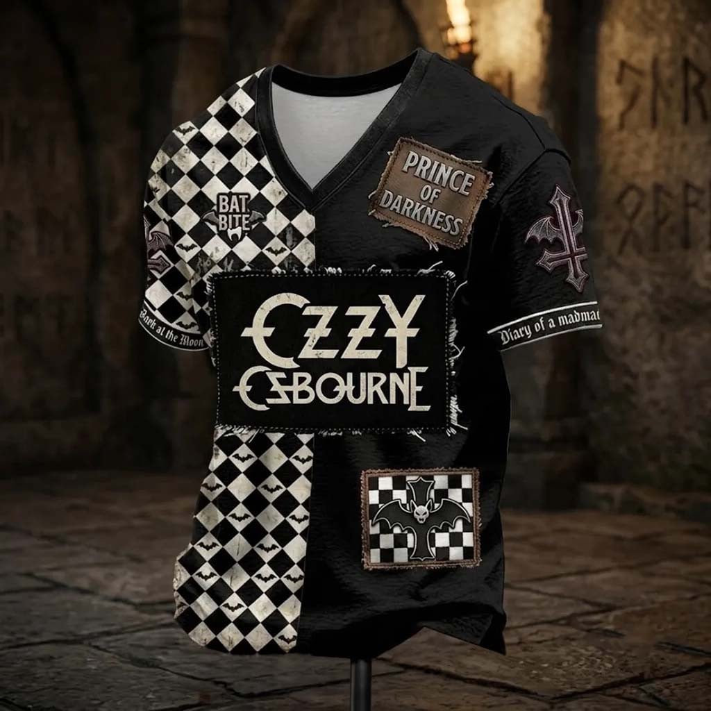 Ozzy Osbourne Prince of Darkness Checkered V-Neck T-Shirt Ozzy Osbourne Merch Gifts for Him