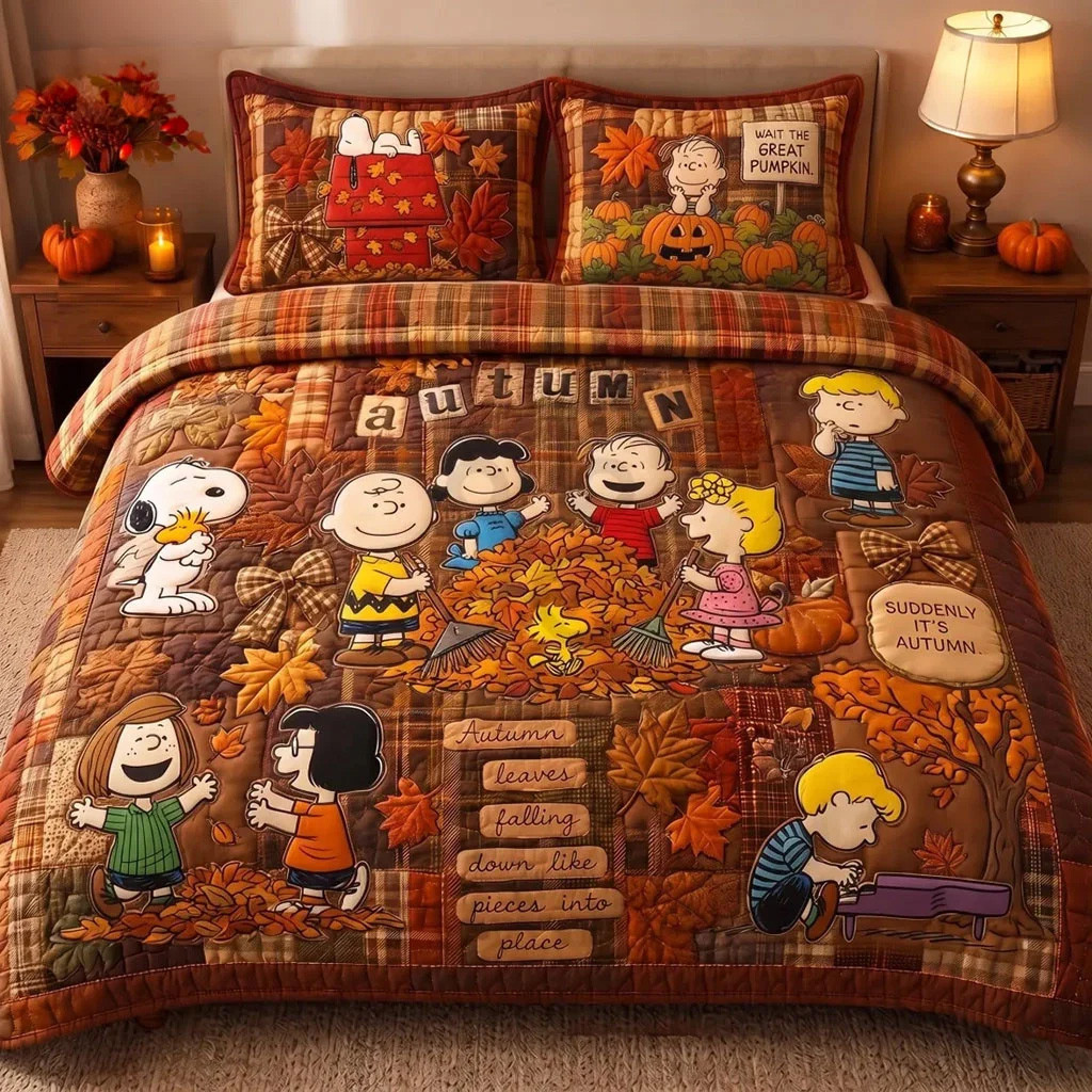 Peanuts Snoopy Great Pumpkin Fall Harvest Quilt Bedding Set Cartoon Lovers Bedroom Decor