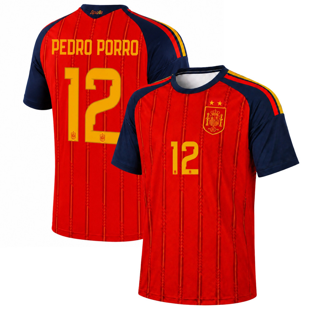 Pedro Porro Jersey Shirt Spain 2-Star World Cup Champions 2026 Merch #12 Home Jersey Fan Merch