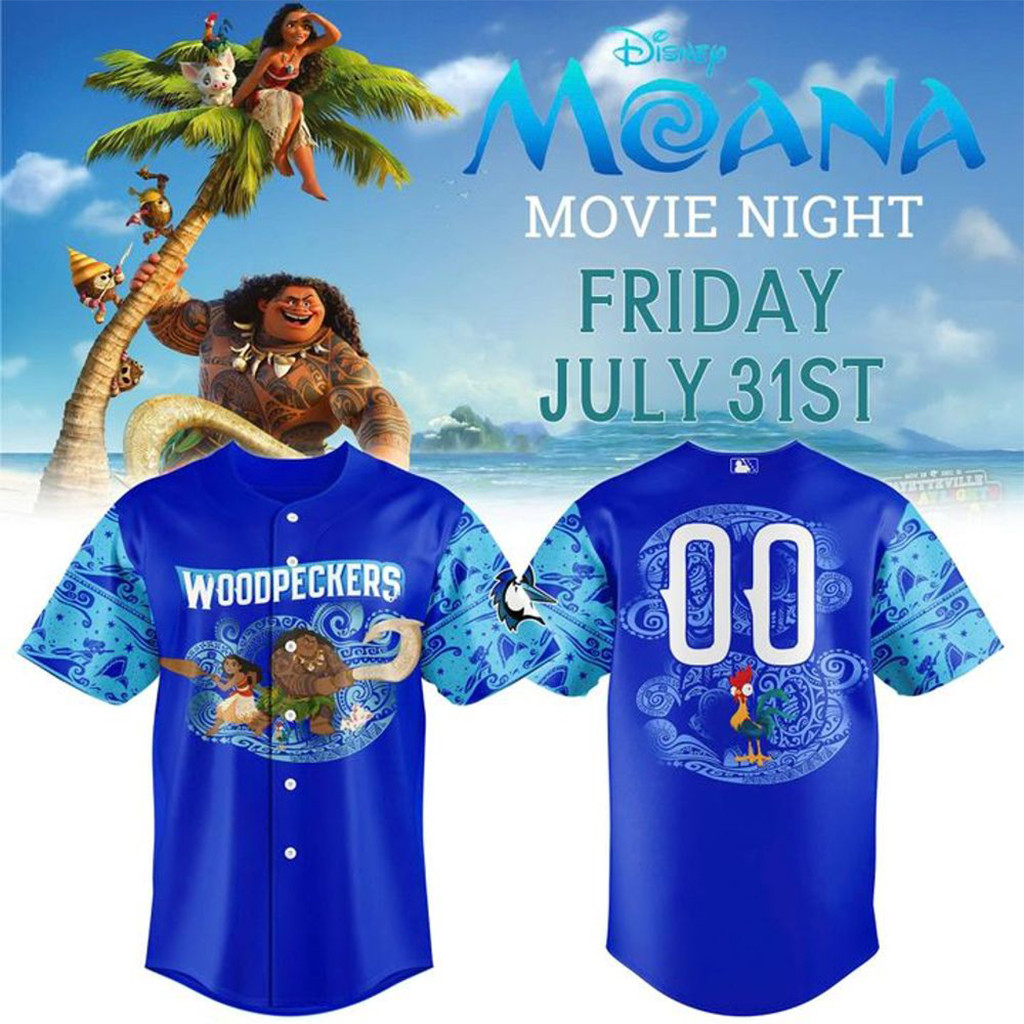 Personalized Fayetteville Woodpeckers X Moana Night 2026 Baseball Jersey Woodpeckers Merch