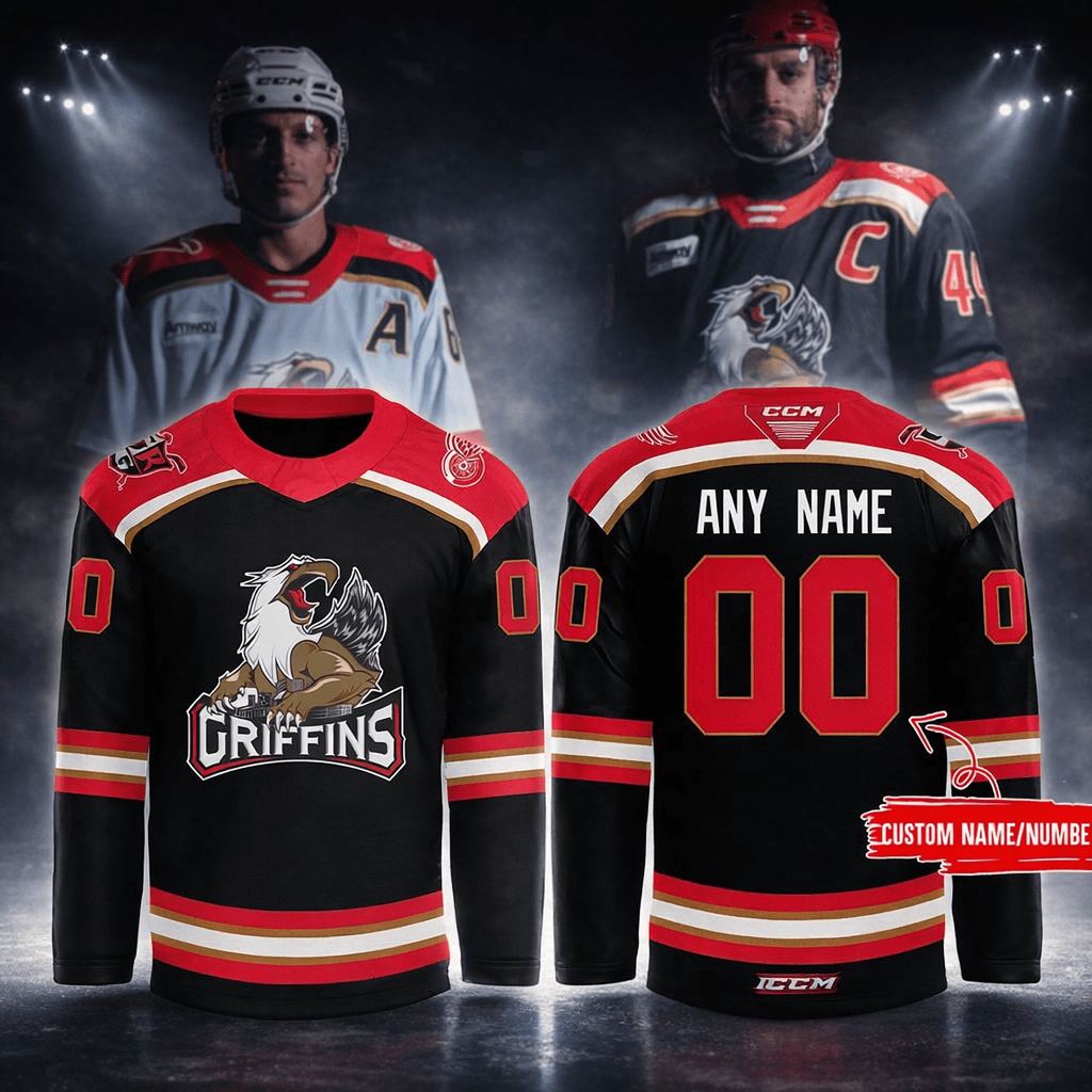 Personalized Grand Rapids Griffins Black Spotlight Hockey Jersey 2026 Griffins Merch Fan Gifts