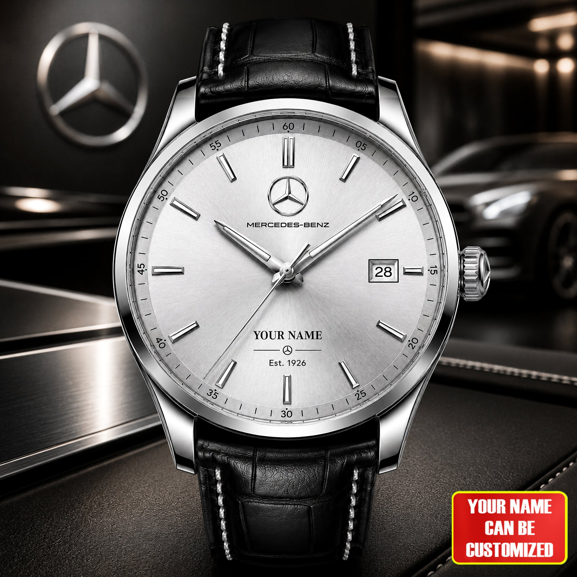 Personalized Merc Luxury Est 1926 Leather Strap Watch Present For Car Enthusiast