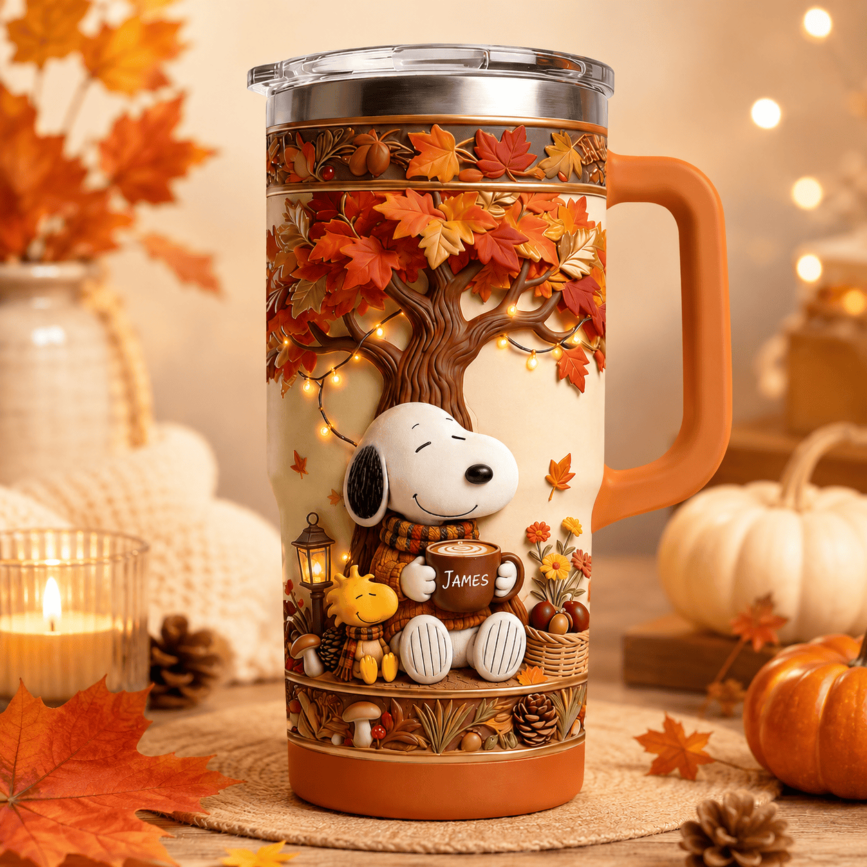 Personalized Peanuts Autumn Comic Friends Tumbler Cute Puppy Travel Cup Fall Gifts