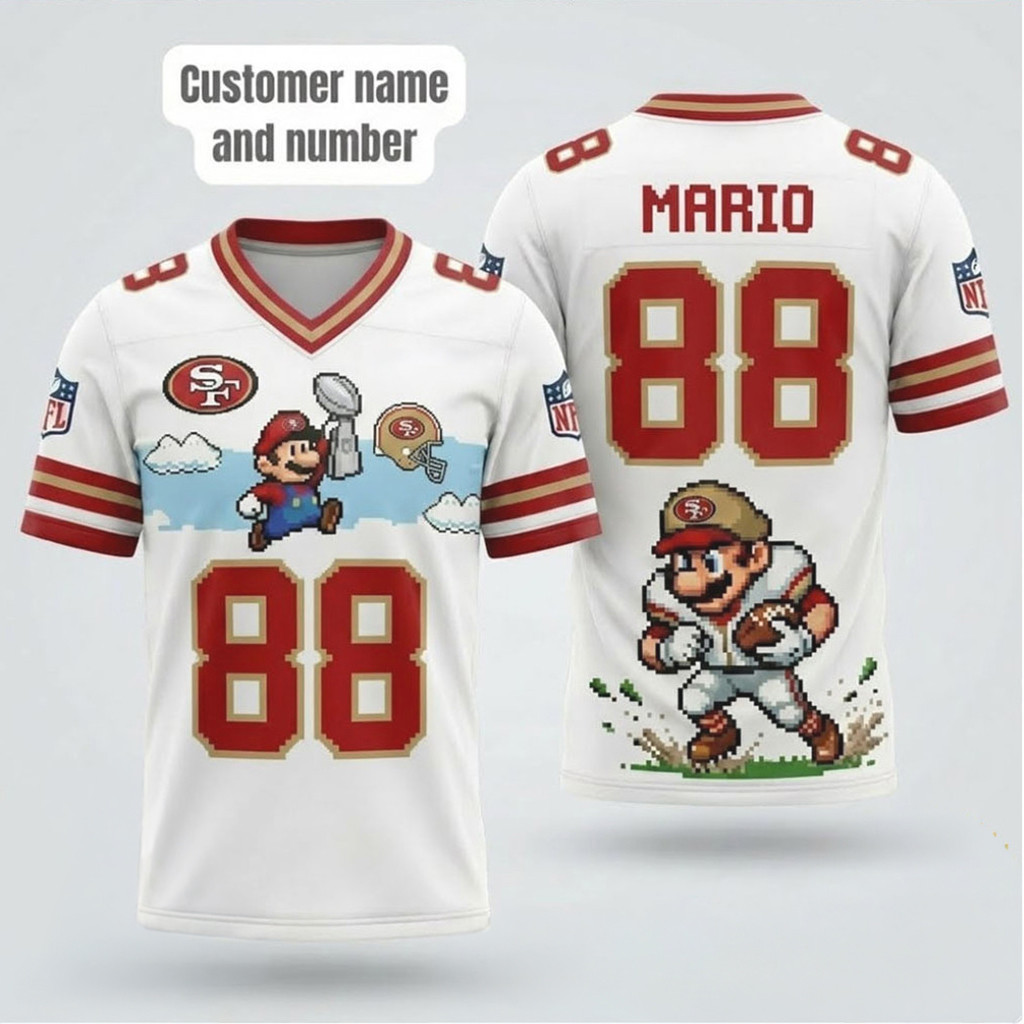 Personalized SF 49ers Super Mario Retro 8 Bit Art Football Jersey 49ers Merch Gifts For Fans