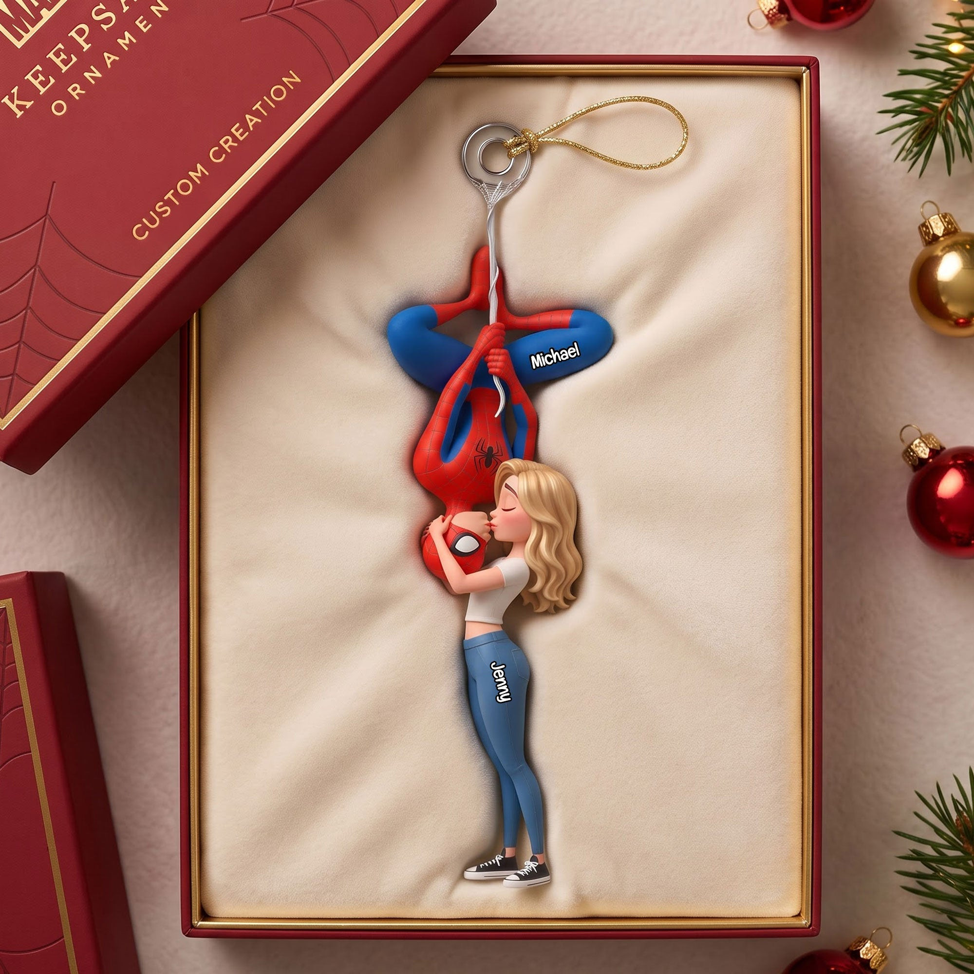 Personalized Spider Hero Couple Sweet Kisses Acrylic Ornament Cute Christmas Tree Decor
