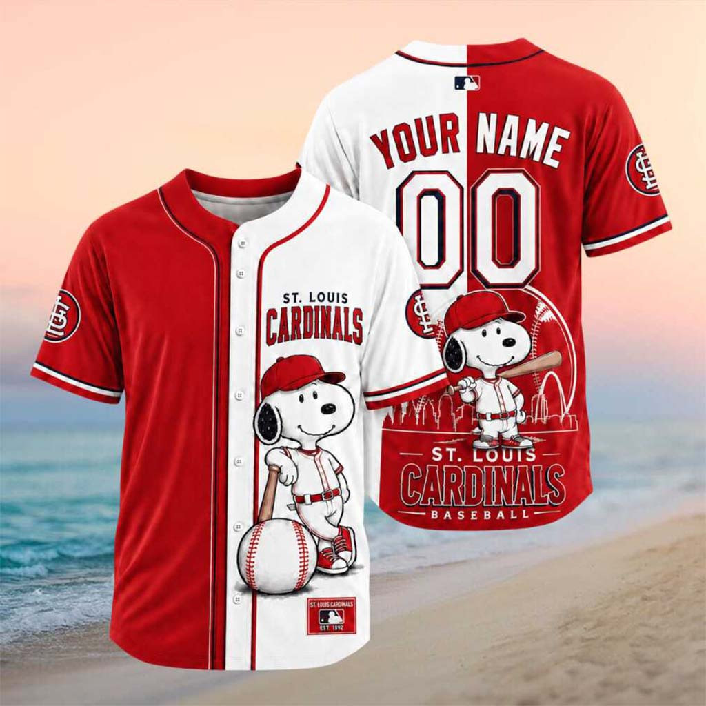 Personalized St Louis Cardinals Snoopy Mascot City Skyline Baseball Jersey Cardinals Merch