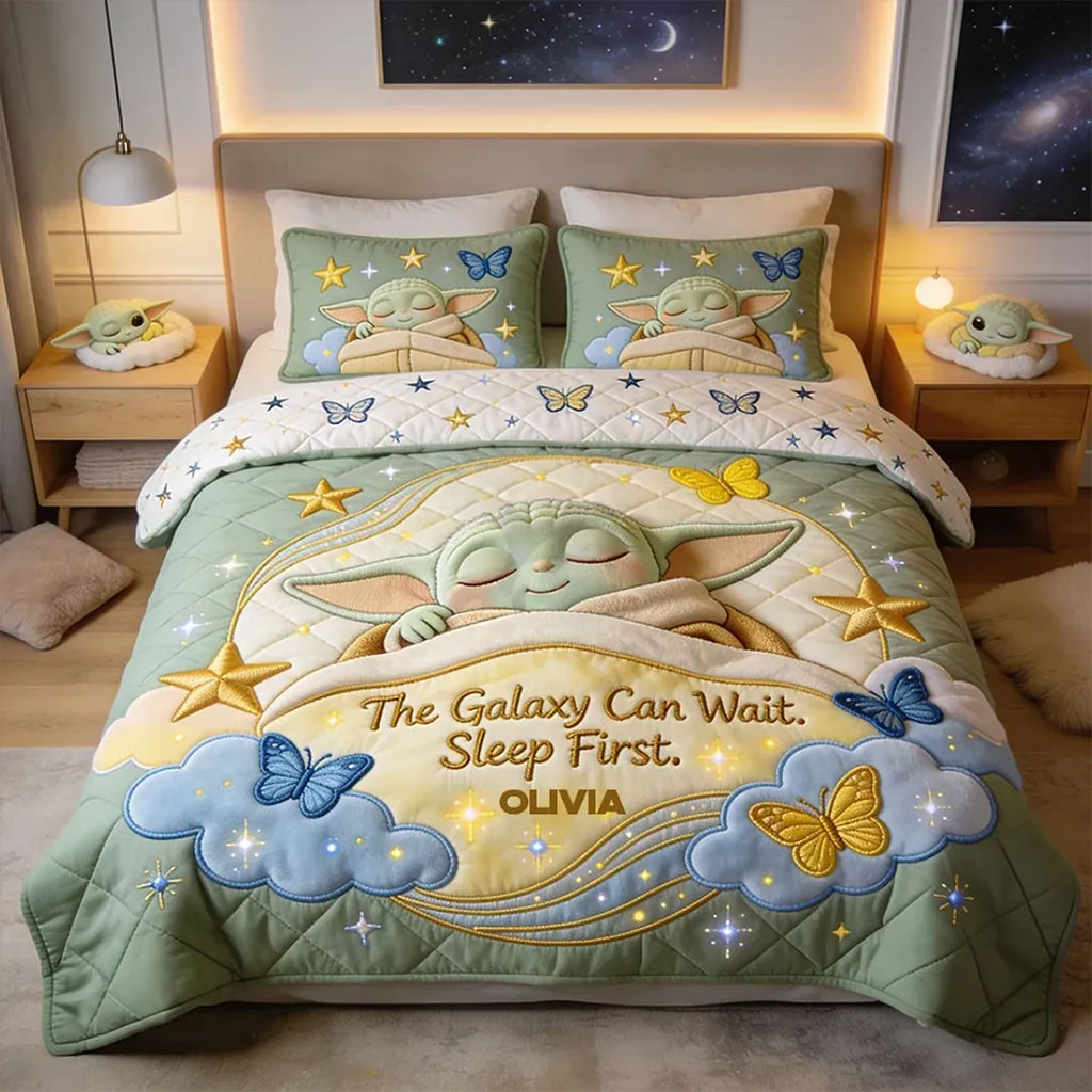 Personalized Star Wars Grogu The Galaxy Can Wait Sleep First Quilted Bedding Set Bed Decor