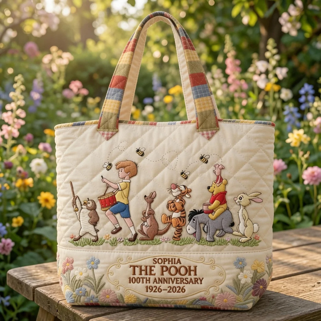 Personalized Winnie The Pooh Celebrate 100 Years Of Friendship Quilted Tote Bag Gift For Bestie
