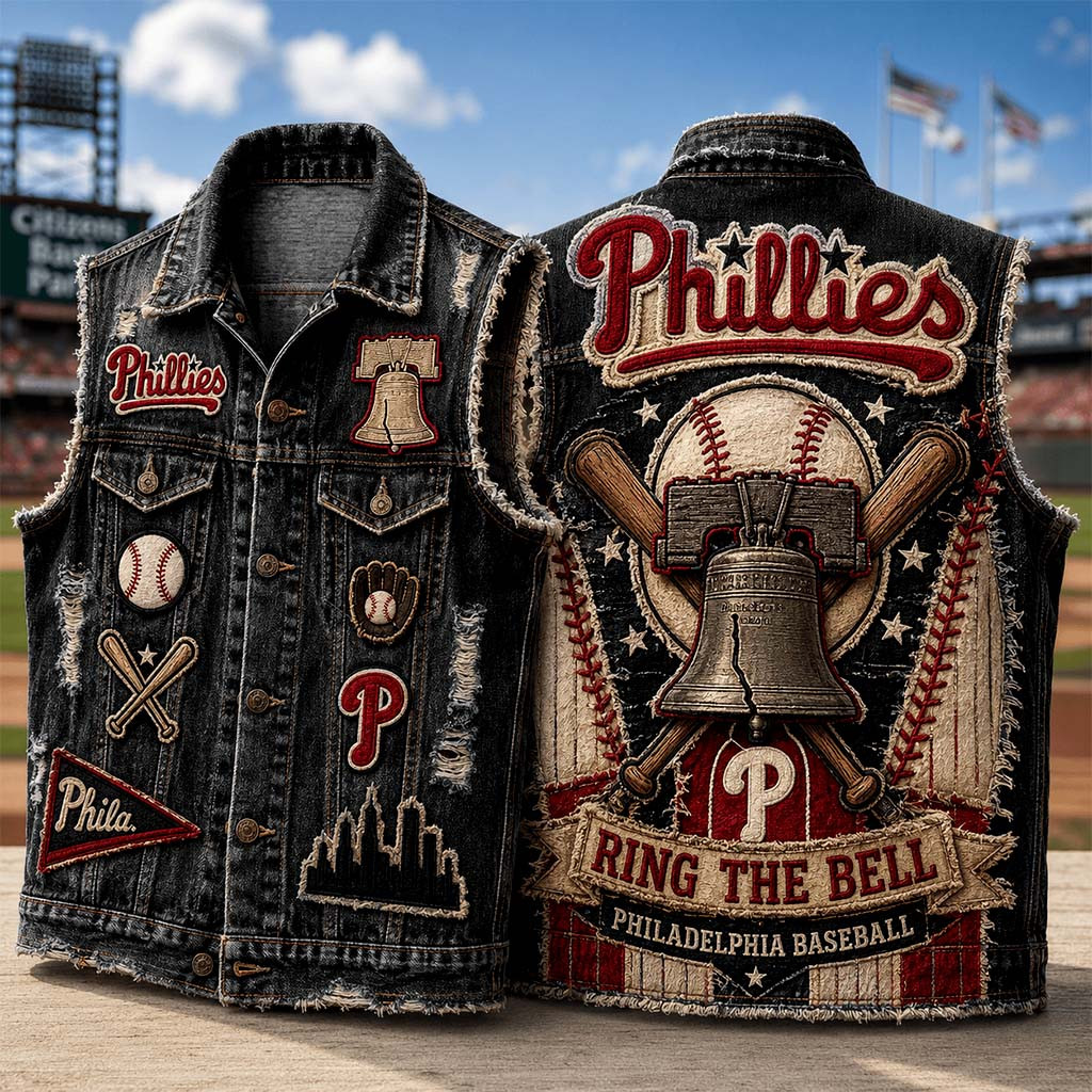Philadelphia Baseball Ring The Bell Denim Vest Phillies Merch Present For Game Day