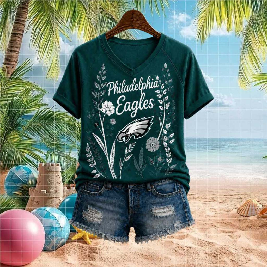 Philadelphia Eagles Floral Botanical Design V-Neck Shirt Philadelphia Eagles Merch Gift For Her