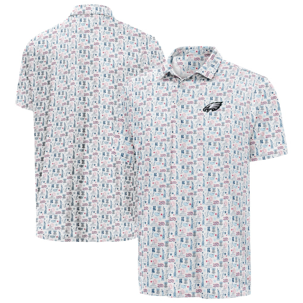 Philadelphia Eagles Merch - Men's America 250 Freedom Desert Dry Polo, White - Antigua - Football Team Gifts Ideas