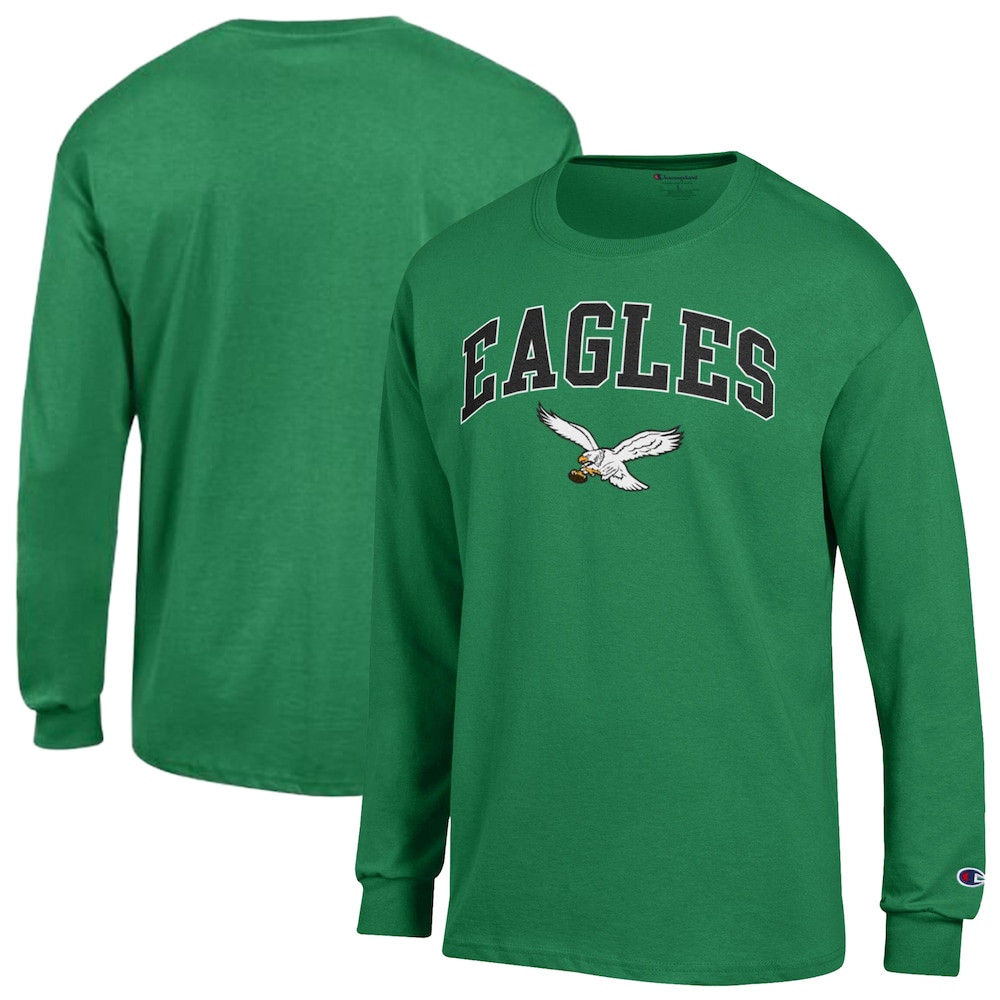 Philadelphia Eagles Merch - Men's Champion Kelly Arch Over Logo Long Sleeve T-Shirt, Green - Best Football Christmas Gifts