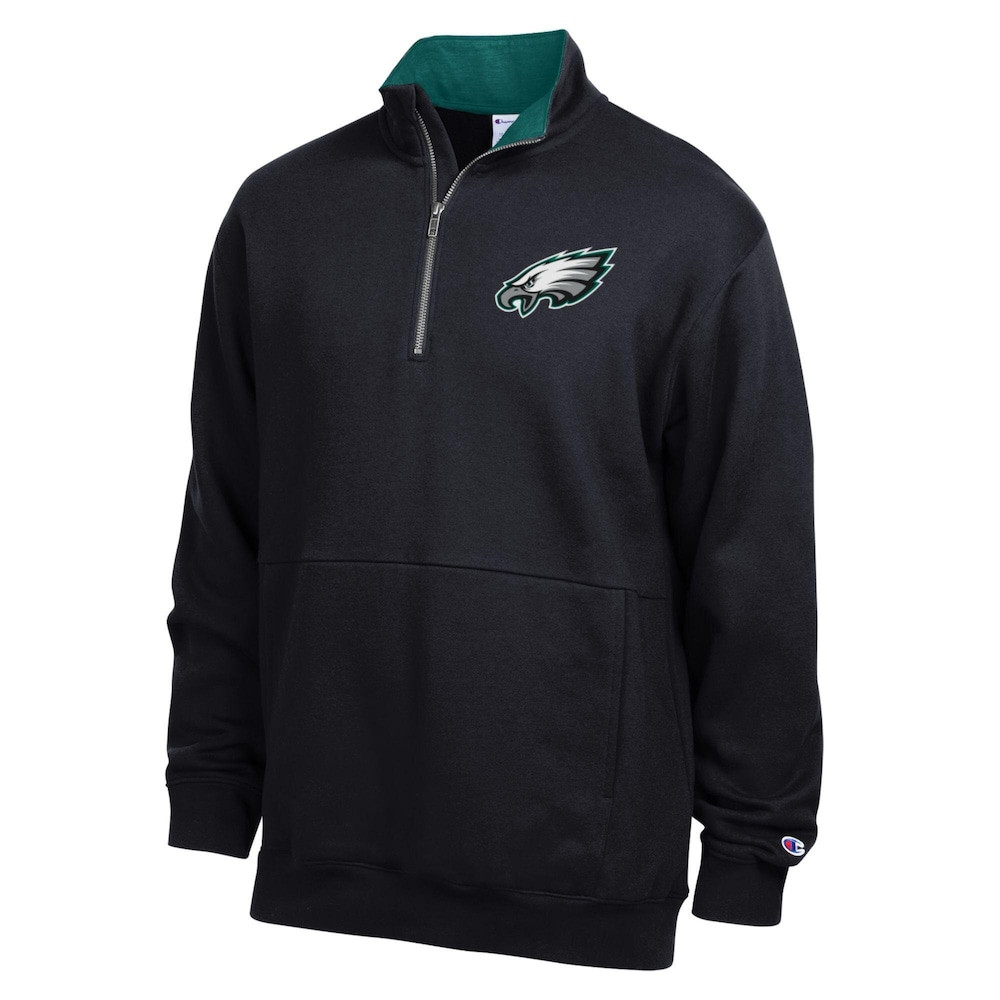 Philadelphia Eagles Merch - Men's Champion Midnight Fleece Quarter-Zip Pullover, Black Green - Football Enthusiast Gifts