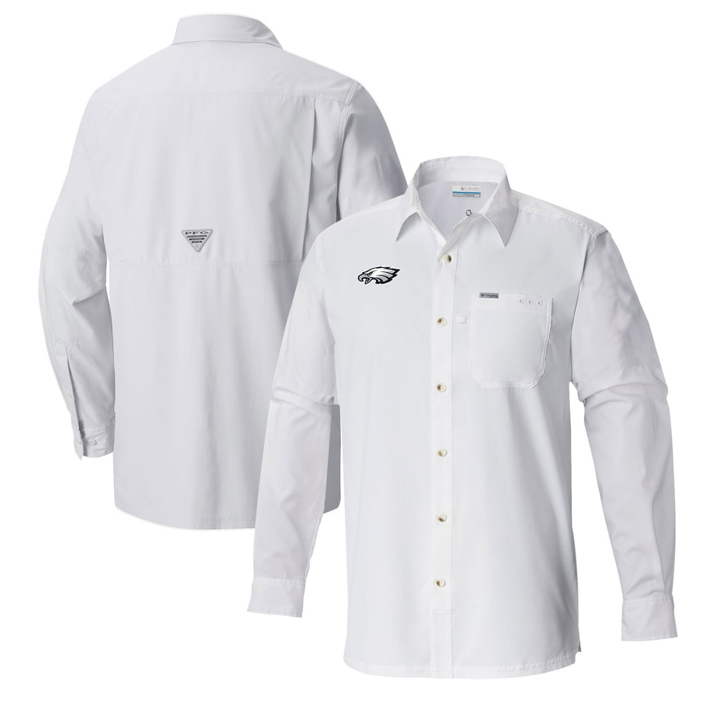 Philadelphia Eagles Merch - Men's Columbia Slack Tide Omni-Wick Long Sleeve Button-Up Shirt, White - Presents For Football Lovers