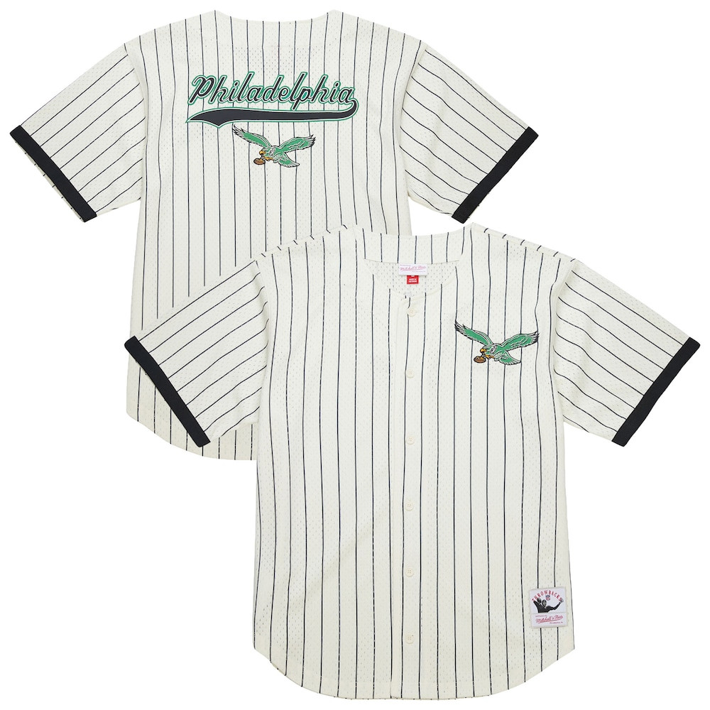Philadelphia Eagles Merch - Men's Cream Heavyweight Mesh Button-Up Fashion Jersey, Big & Tall - Mitchell & Ness - Gift For Man Who Loves Football