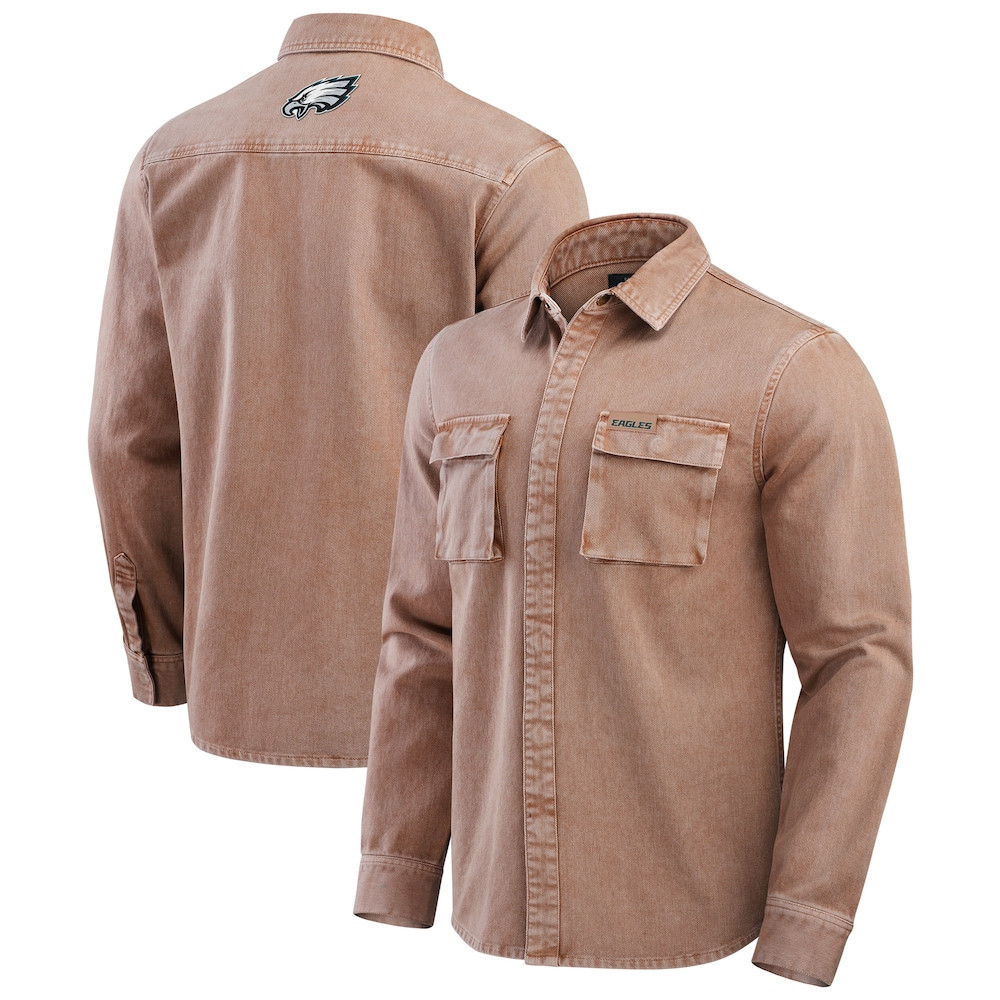 Philadelphia Eagles Merch - Men's Darius Rucker Collection by Fanatics Garment Dyed Long Sleeve Full Snap Shirt, Brown - Presents For Football Lovers