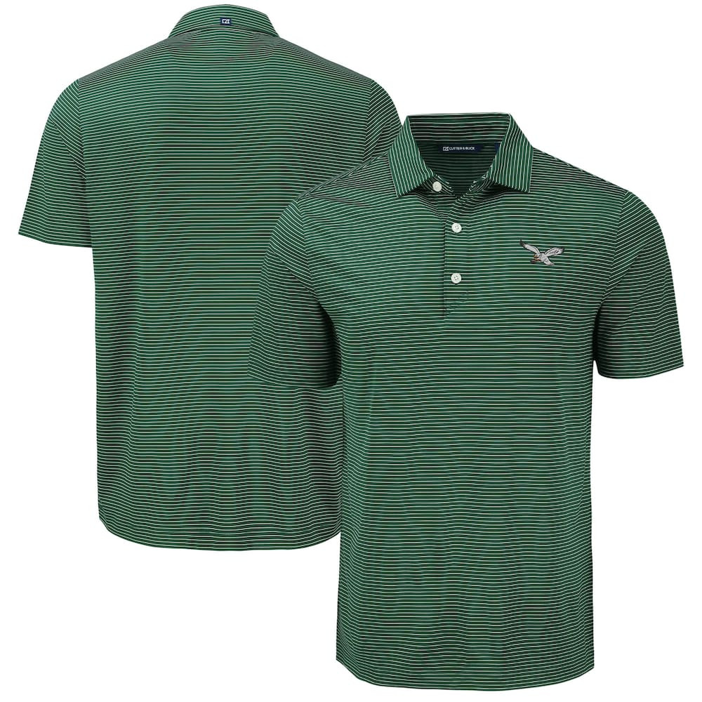 Philadelphia Eagles Merch - Men's Forge Eco Fine Line Stripe Polo, Green - Cutter & Buck - Good Gifts For Football Fans
