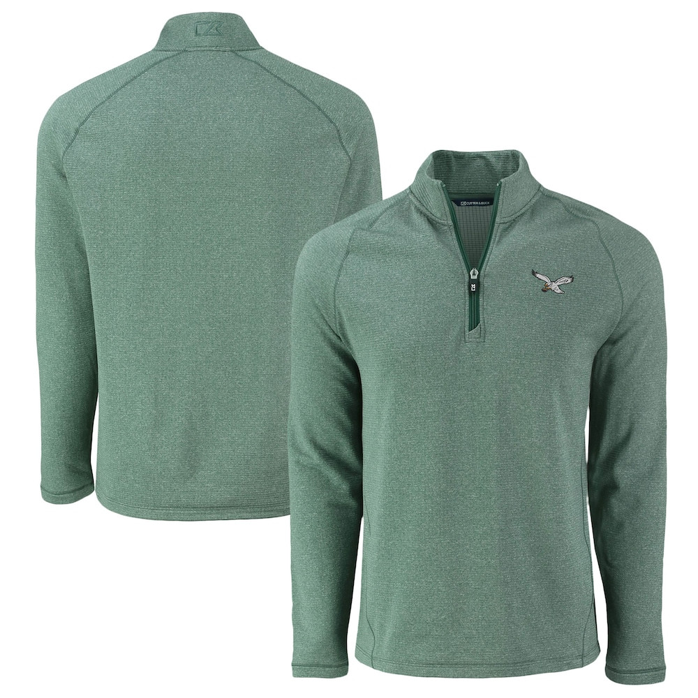 Philadelphia Eagles Merch - Men's Heather Kelly Peshastin Eco Fleece Raglan Recycled Quarter-Zip Jacket, Green - Cutter & Buck - Football Based Gifts