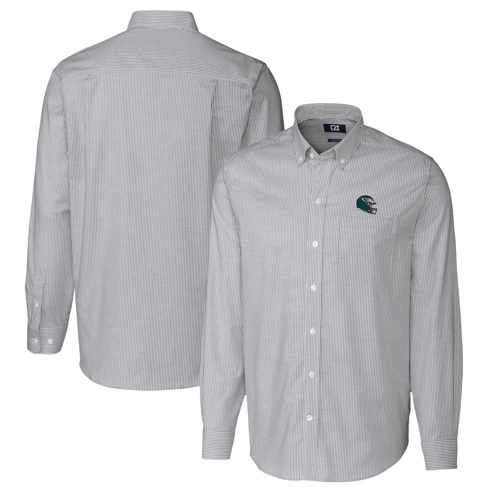 Philadelphia Eagles Merch - Men's Helmet Stretch Oxford Stripe Long Sleeve Button-Down Shirt, Charcoal - Cutter & Buck - American Football Presents