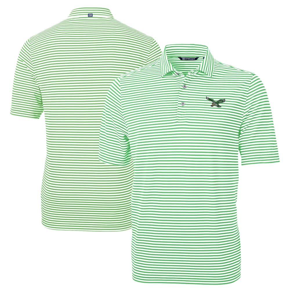 Philadelphia Eagles Merch - Men's Kelly Virtue Eco Pique Stripe Recycled Polo, Green - Cutter & Buck - Gift Ideas For Football Lovers
