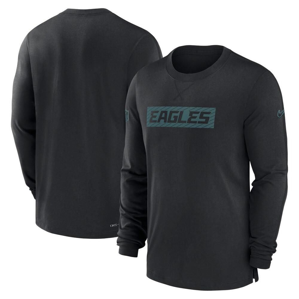 Philadelphia Eagles Merch - Men's Sideline Player Performance Long Sleeve T-Shirt, Black - Birthday Ideas For Football Fan