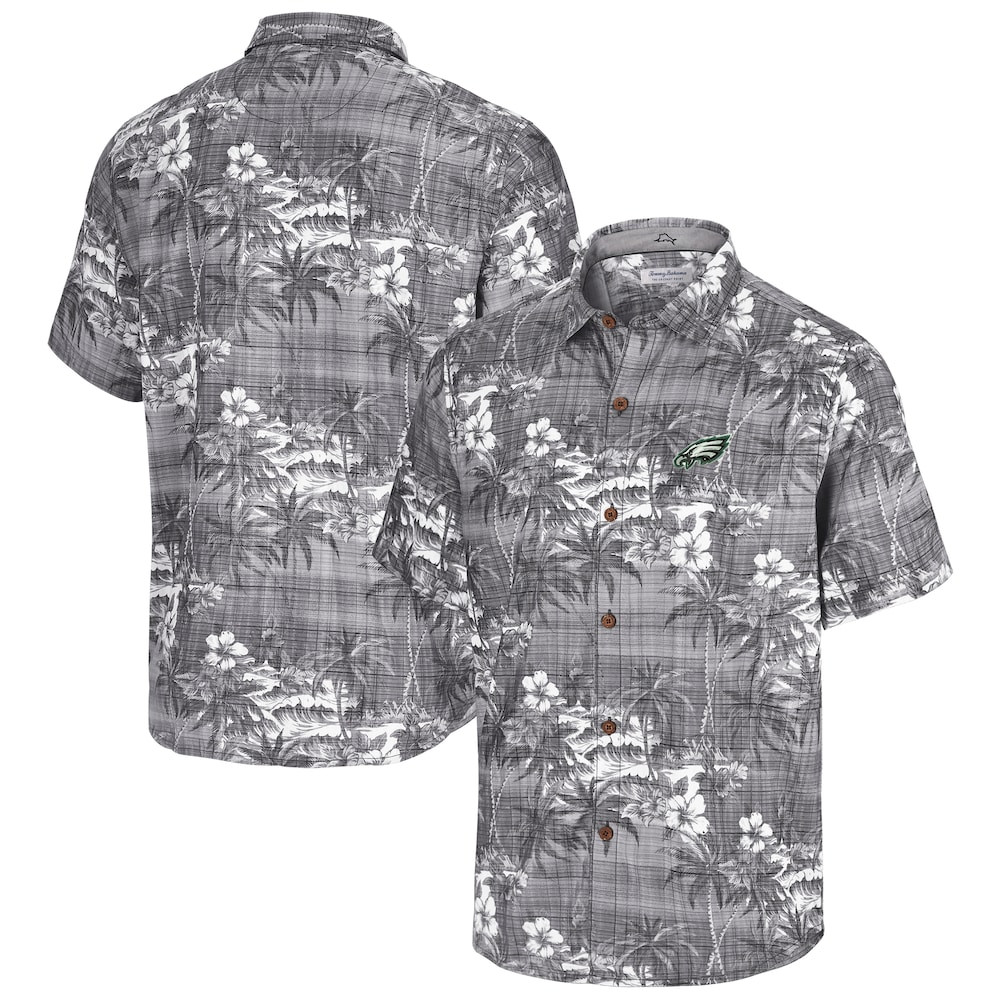 Philadelphia Eagles Merch - Men's Tommy Bahama Coconut Point Isla Palmetta Camp Button-Up Shirt, Black - Football Gift Idea