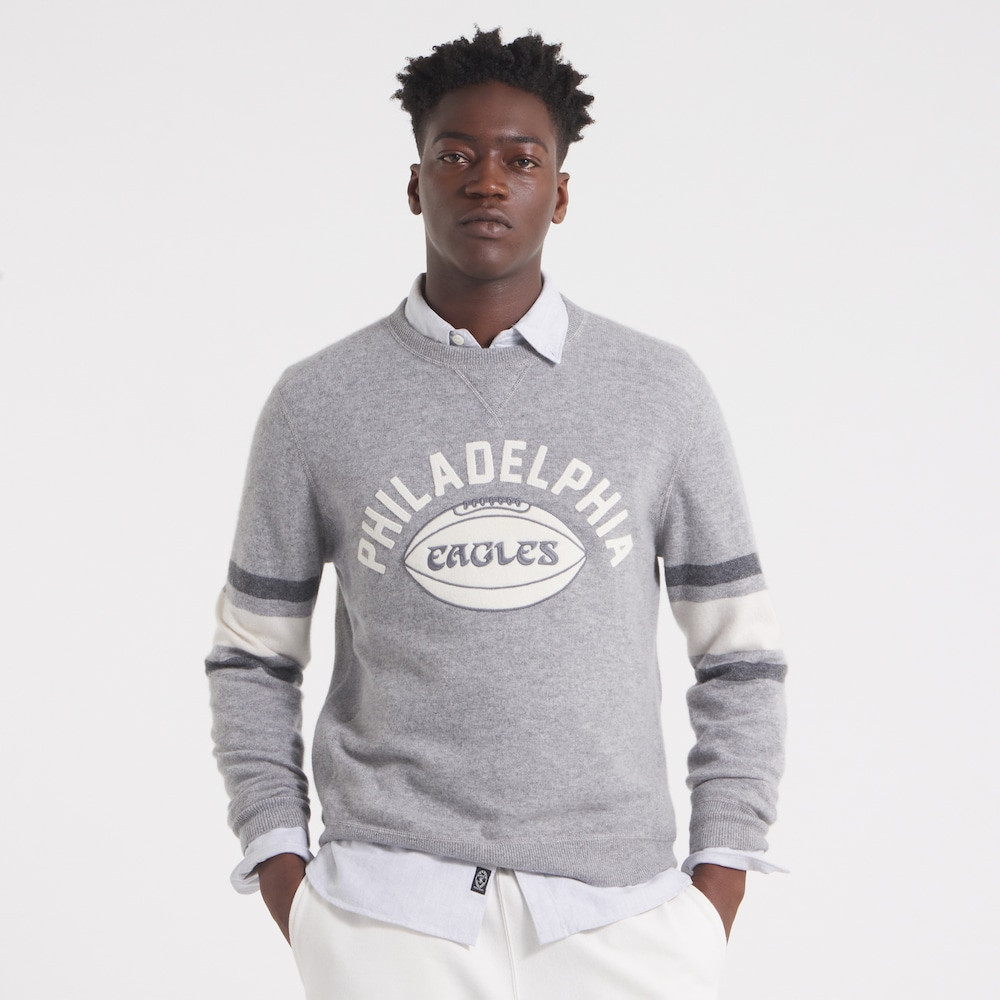 Philadelphia Eagles Merch - Men's x Todd Snyder Cashmere Crew Sweater, Heather Gray - Football Gifts For Men