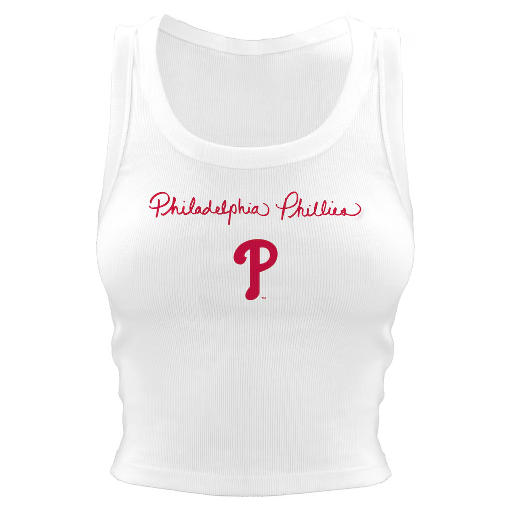 Philadelphia Phillies Merch 2026 Phillies Tiny Turnip Script Logo Crop Tank Top White Women's
