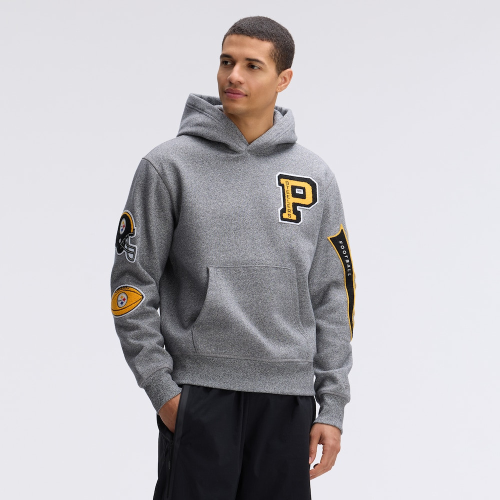 Pittsburgh Steelers Merch - Fanatics Athletic IconicFleece Letterman Hoodie, Heather Gray - Birthday Present For Football Fan