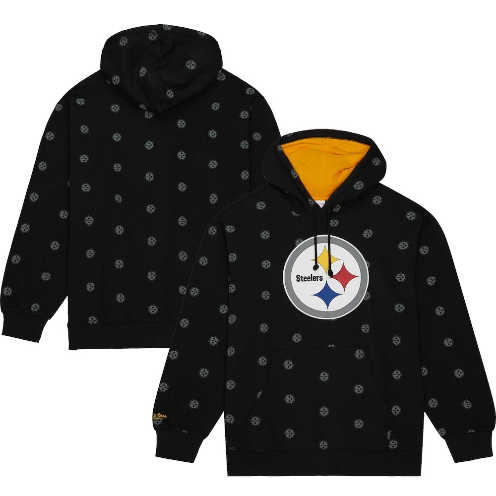 Pittsburgh Steelers Merch - Men's Allover Print Fleece Pullover Hoodie, Black - Mitchell & Ness - Football Christmas Gift Ideas