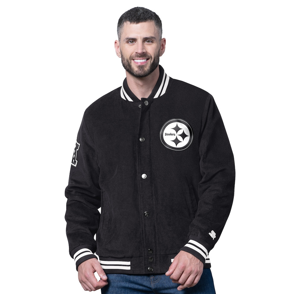 Pittsburgh Steelers Merch - Men's Blackout Corduroy Full-Snap Varsity Jacket, Black - Starter - Gift For Football Fans