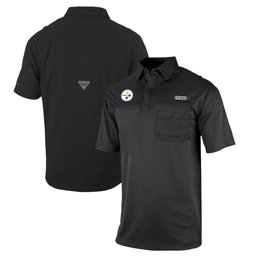 Pittsburgh Steelers Merch - Men's Columbia Omni-Wick Flycaster Pocket Polo, Black - Best Football Gifts