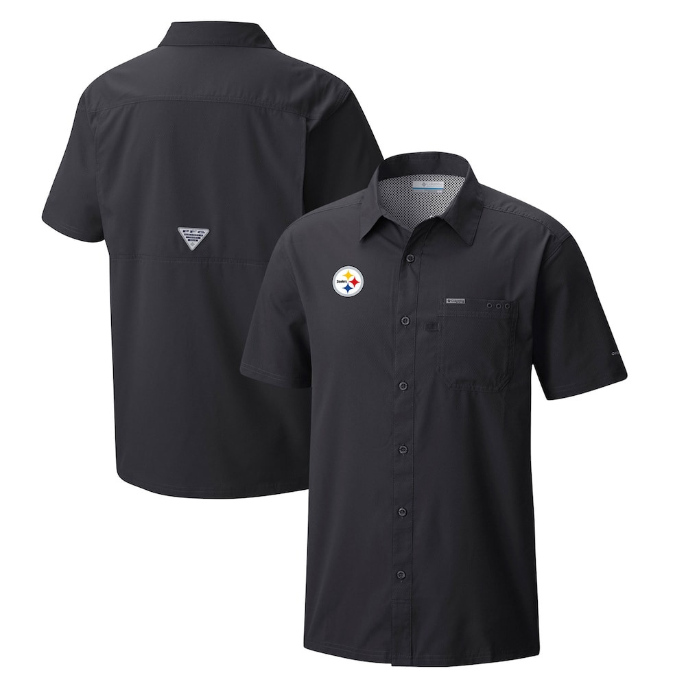 Pittsburgh Steelers Merch - Men's Columbia Slack Tide Omni-Wick Button-Up Camp Shirt, Black - Football Gift Idea