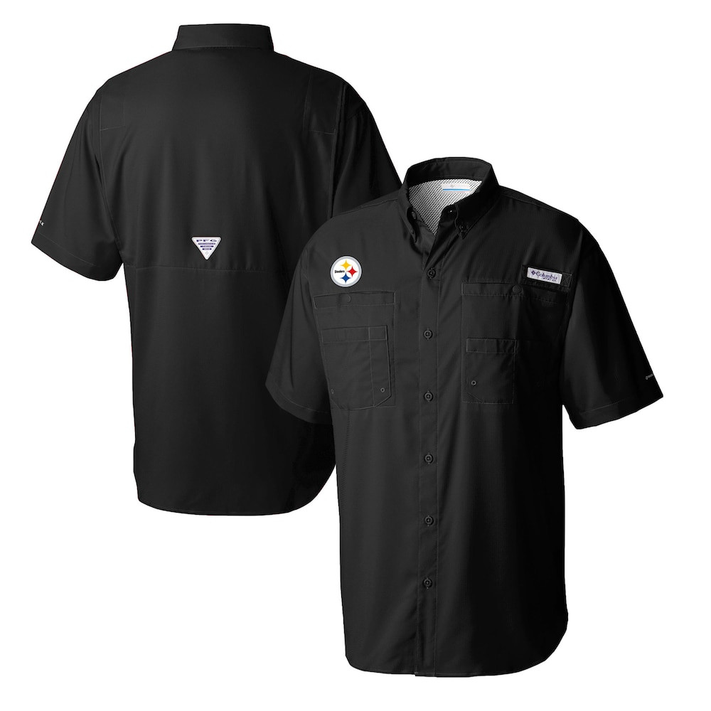 Pittsburgh Steelers Merch - Men's Columbia Tamiami Omni-Shade Button-Down Shirt, Black - Best Gift For A Football Lover