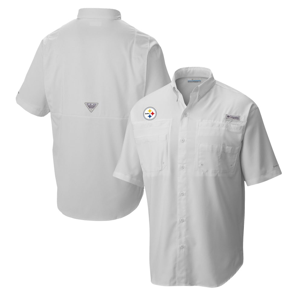 Pittsburgh Steelers Merch - Men's Columbia Tamiami Omni-Shade Button-Down Shirt, White - Football Related Gifts