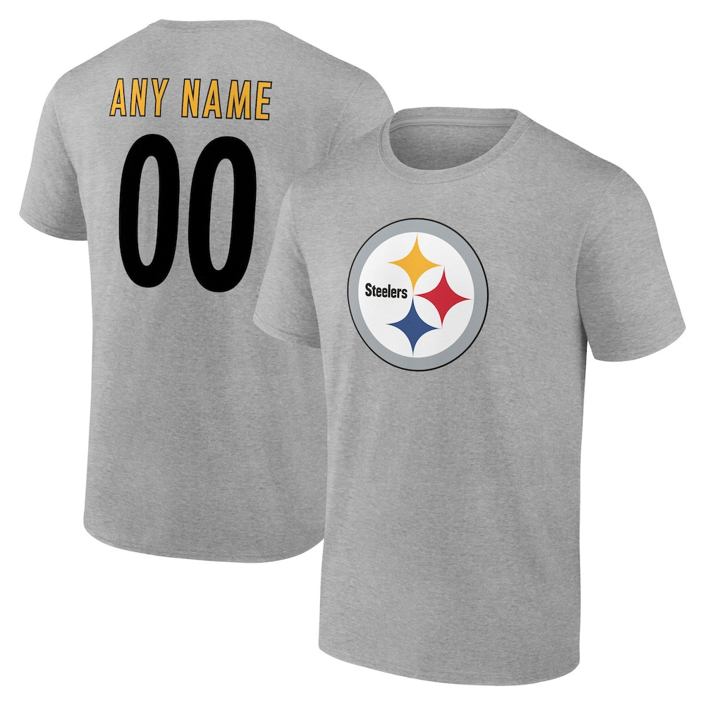 Pittsburgh Steelers Merch - Men's Gray Team Authentic Personalized Name & Number T-Shirt - Cool Football Gift Ideas