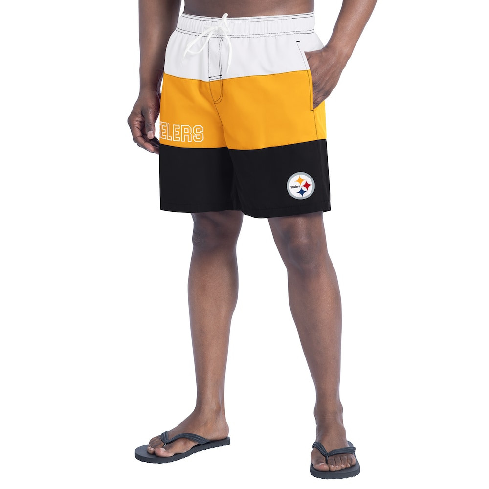 Pittsburgh Steelers Merch - Men's Sunrise Volley Swim Shorts, Black Gold - G-III Sports by Carl Banks - American Football Presents