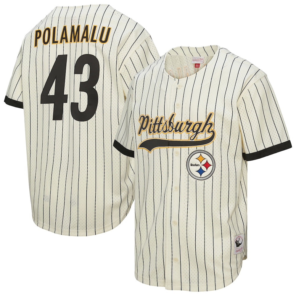 Pittsburgh Steelers Merch - Men's Troy Polamalu Cream Name & Number Mesh Button-Up Baseball Jersey - Mitchell & Ness - Best Presents For Football Fans