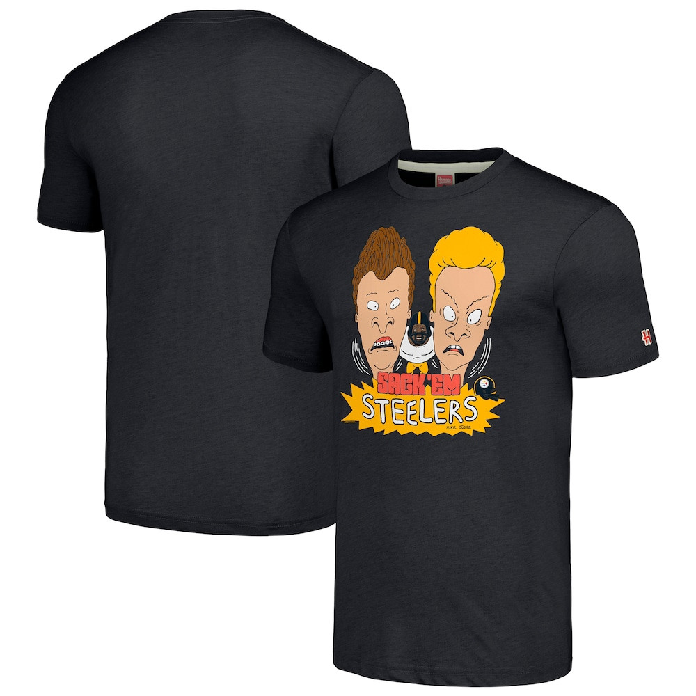 Pittsburgh Steelers Merch - Unisex NFL x Homage x Beavis and Butt-Head T-Shirt, Charcoal - Birthday Ideas For Football Fan