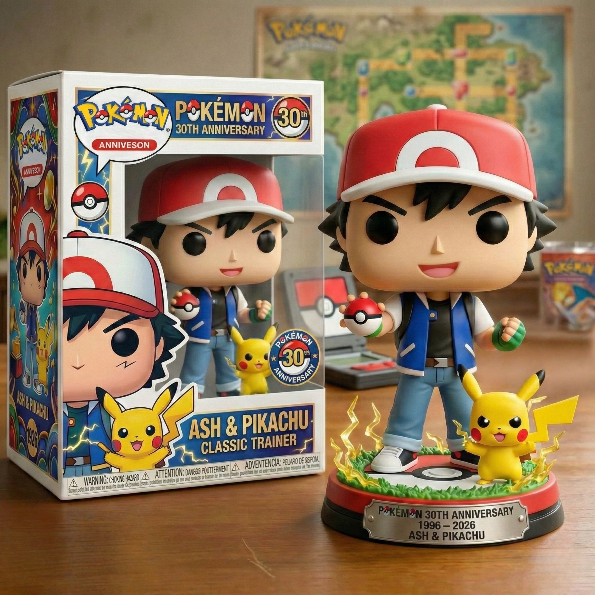 Pokemon Ash Pikachu 30th Anniversary 3D Funko Pop Anime Fan Gift Decor
