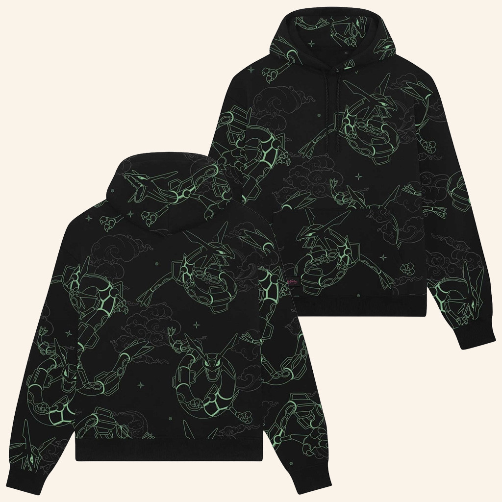 Pokemon Merch Pokemon × Dolly Noire Rayquaza Pattern Black Hoodie Birthday Gift For Son