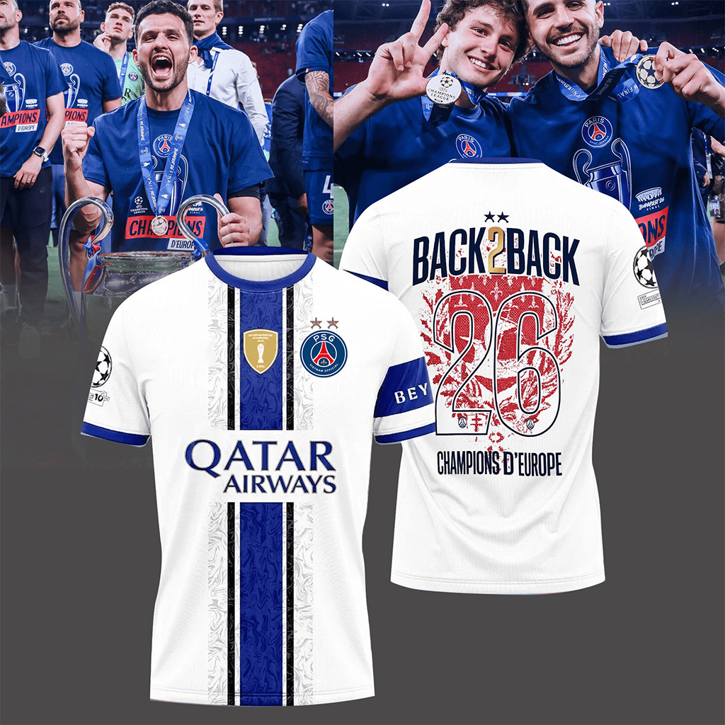 PSG Champions Of Europe Merch 2026 Back To Back 2 Stars T-Shirt Soccer Fan Shirt Dad Gift Ideas