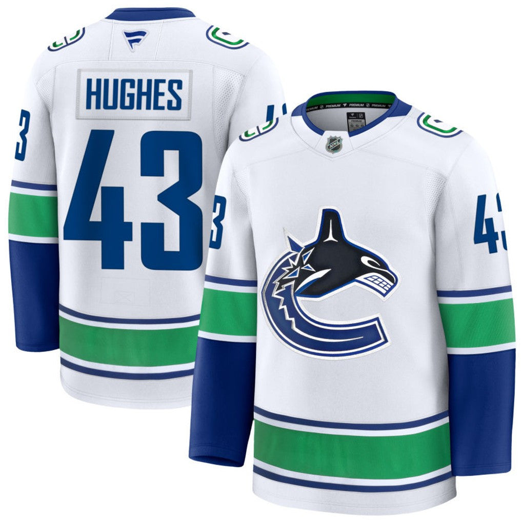 Quinn Hughes Vancouver Canucks 2025 Away Premium Jersey - White 1 Quinn Hughes Vancouver Canucks 2025 Away Premium Jersey - White
