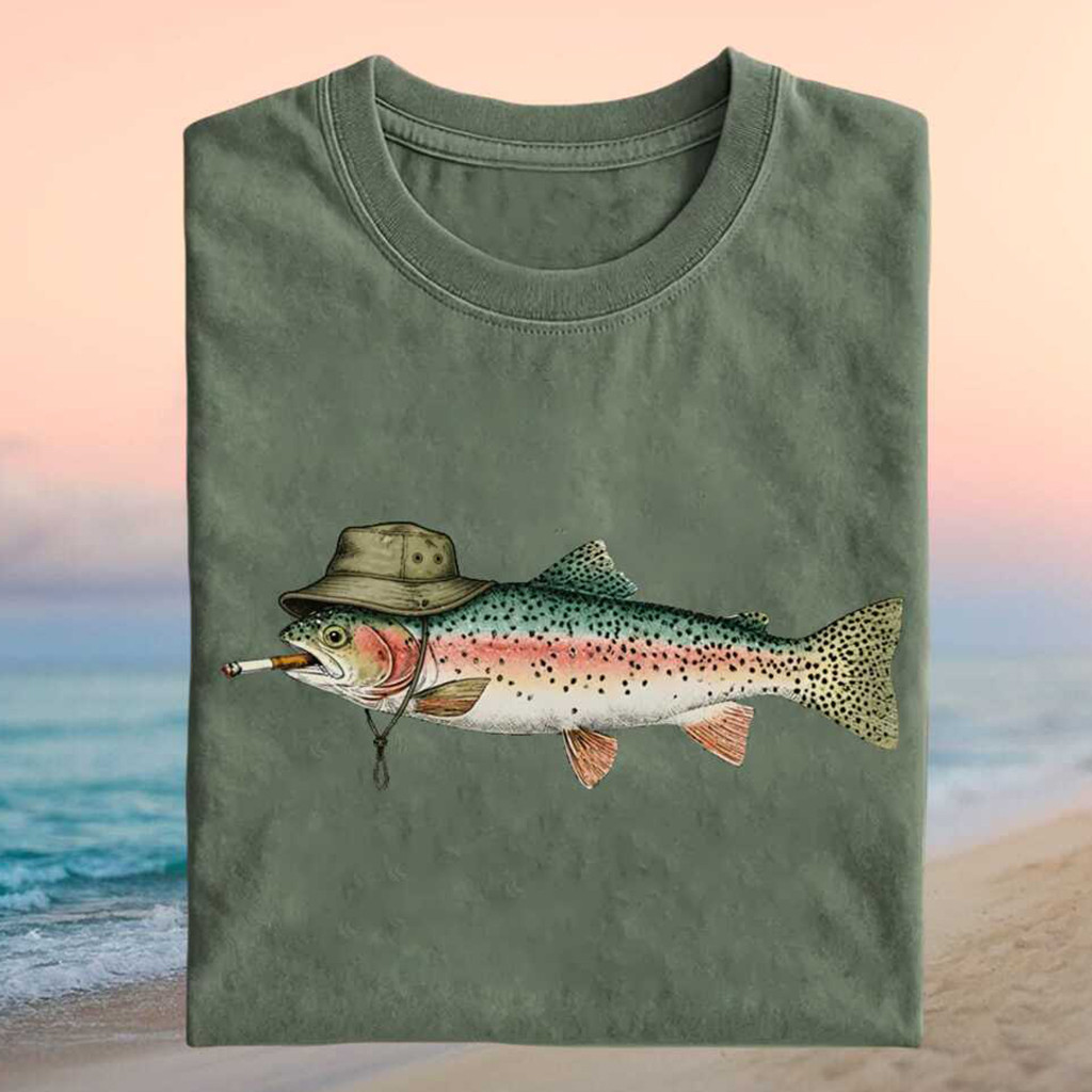 Rainbow Trout Fish Wearing Bucket Hat Smoking Cigarette Retro T-Shirt Fishing Humor Shirt