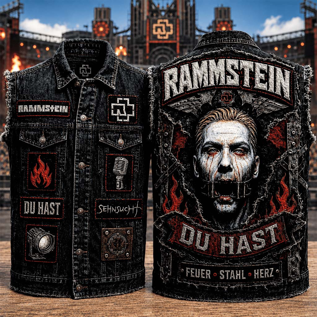 Rammstein Du Hast Feuer Stahl Herz Denim Vest Rammstein Merch Gift Ideas For Band Fans