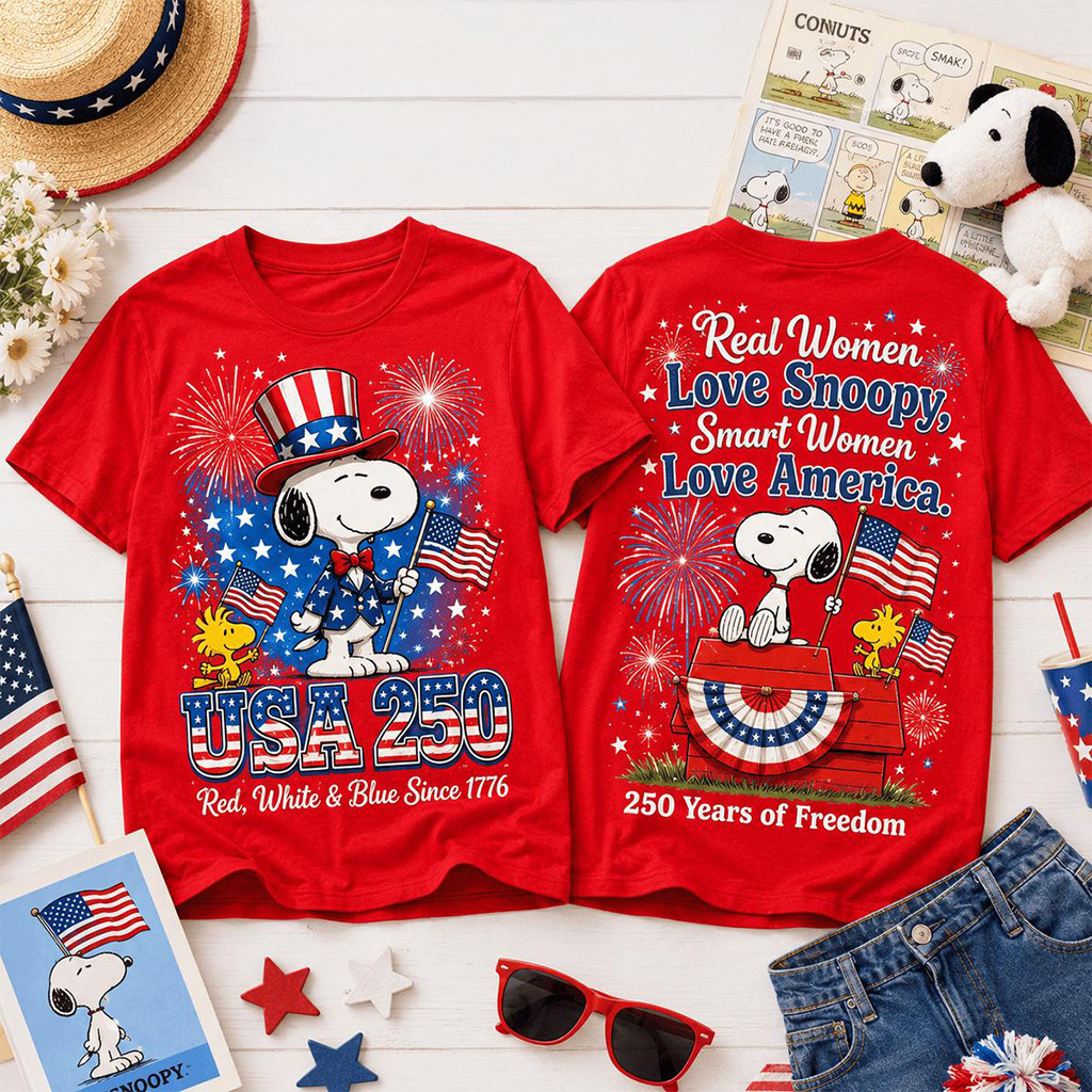 Real Women Love Snoopy Smart Women Love America 250 Years T-Shirt Fourth Of July Apparel