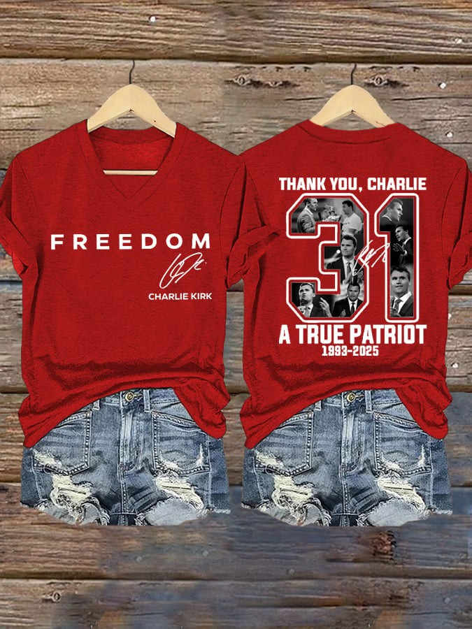 Red Freedom V-neck T-Shirt Charlie Kirk Shirt TPUSA Merch Thank You Charlie 31 Memorial Clothing
