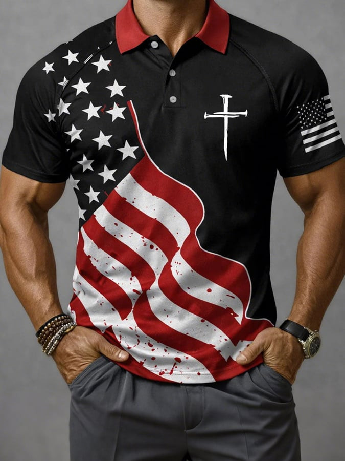 Retro USA 250 Years Of Freedom Faith Cross Print Polo Shirt Patriotic Gifts For Dad