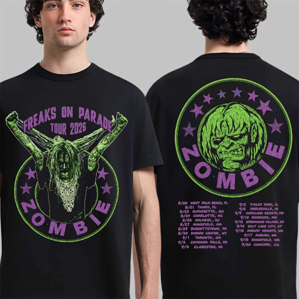 Rob Zombie Merch Freaks On Parade 2026 Portrait Zombie Head Green And Purple T-Shirt
