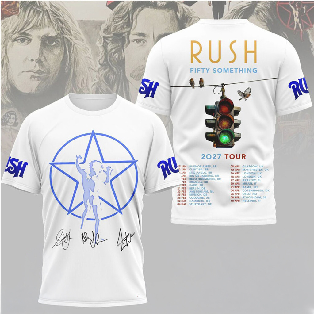 Rush Starman Fifty Something 2027 Tour White Signature T-Shirt Rush Merch Gift For Band Fans